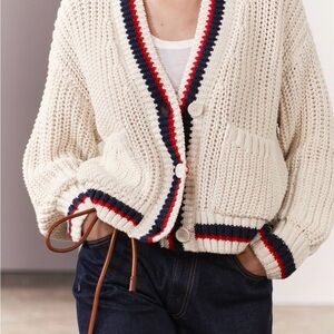 Zara Cream Cardigan with Navy and Red Accents, Size L
